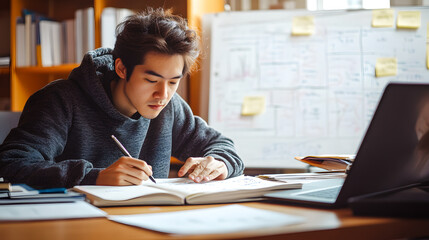 Etudiant travaillant &agrave; son bureau pour pr&eacute;parer ses examens et passer son dipl&ocirc;me