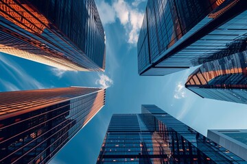 This photo captures the impressive skyline of a city, showcasing a group of towering buildings reaching towards the sky, Skyscrapers rising towards the sky in a mega smart city, AI Generated