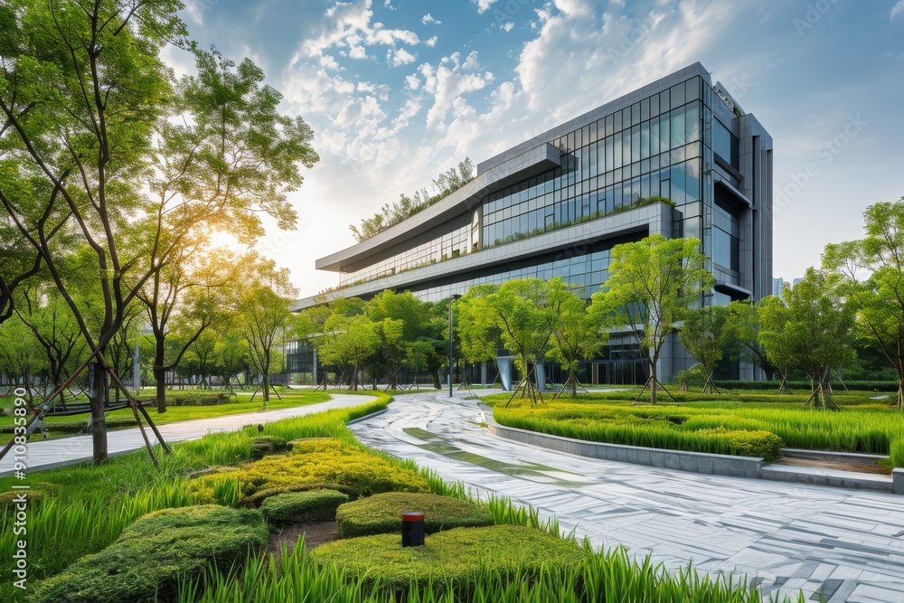 Poster a large building stands tall amidst a dense cluster of trees and bushes in the foreground, sleek and