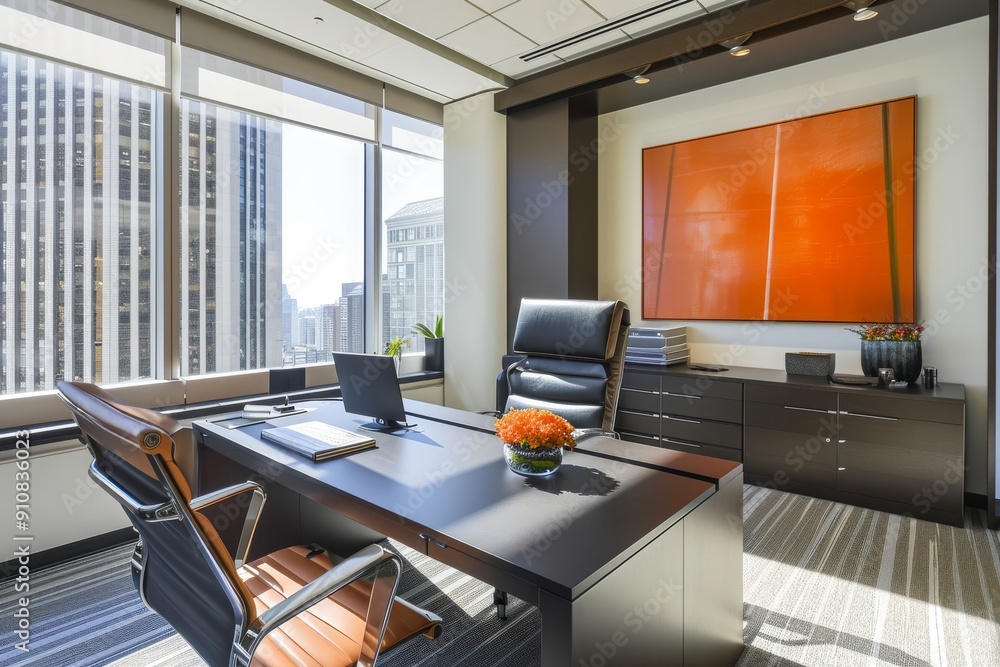 Poster a professional office space featuring a spacious window and a desk with a laptop computer, sleek and