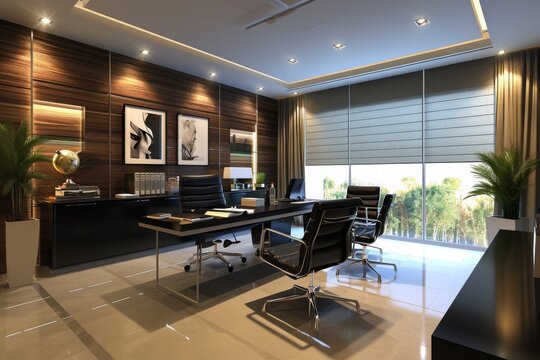 A professional office setting featuring a desk, chairs, and various framed pictures adorning the walls, Sleek and professional office space, AI Generated