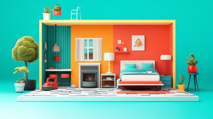 Vibrant miniature interior design showcasing a cozy bedroom with modern decor and colorful walls, ideal for creative projects.