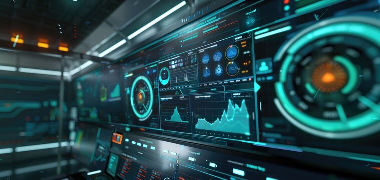 Depict 3D security software with a dashboard monitoring and neutralizing threats in realtime, focus on, theme digital safety, realistic, Composite, hightech control room backdrop