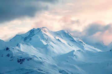 A striking image of a majestic mountain covered in a thick blanket of snow, contrasting against a moody cloudy sky, Snow-covered mountain peaks under a pale, winter sunset, AI Generated