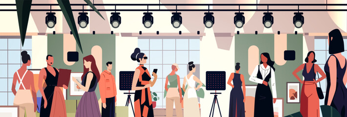 Fashion show runway models audience spotlight modern art exhibition. People in stylish outfits interacting under spotlights in a contemporary gallery setting