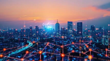 Fototapeta premium IoT networks optimizing urban infrastructure, selective focus, smart city solutions, vibrant, overlay, urban skyline backdrop