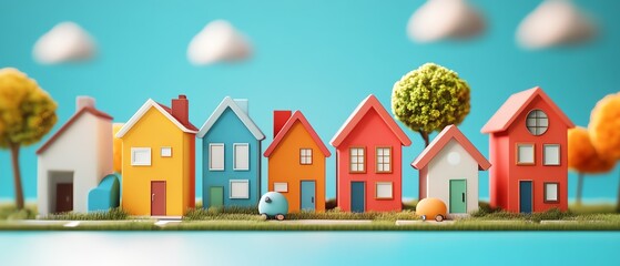 Obraz premium Colorful miniature houses lined up against a bright blue sky, showcasing creativity and charm in a whimsical neighborhood scene.