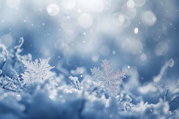 A single snowflake is captured in the center of a plain blue background, Snowflakes swirling in a peaceful winter storm, AI Generated
