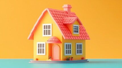 Brightly colored toy house with pink roof and yellow walls, perfect for playful home concepts and children's decor.