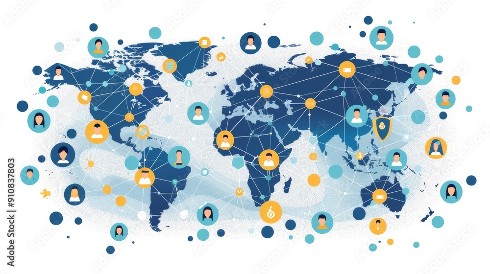 Poster cartoon vector global map with connected nodes representing international outsourcing
