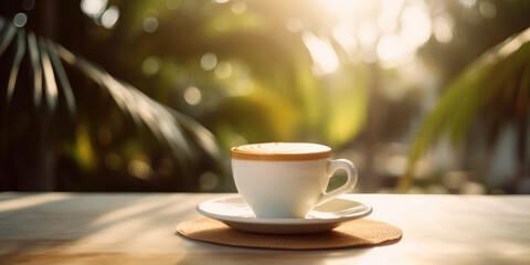 Fototapeta premium Cup of Coffee or Cappuccino on a Table in Tropical Garden. Relaxing Coffee Break Under Palm Leaves in Morning Sunshine