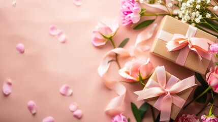 Fototapeta premium Two gifts with pink ribbons and roses on a blush pink background.