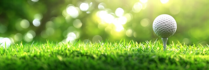 A detailed photo of a golf ball on a tee with a vivid green grassy backdrop, capturing anticipation and readiness for a perfect golf swing.