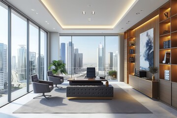A spacious living room featuring a variety of furniture pieces and a large window providing ample natural light, Spacious business office with cityscape view, AI Generated