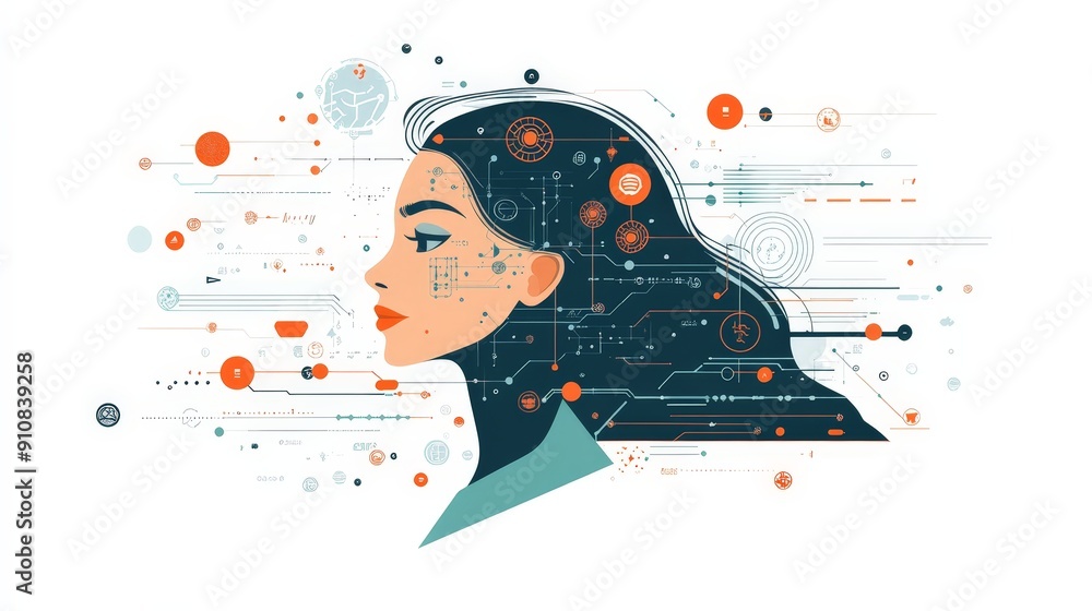 Poster illustration of neural network learning process in minimalist flat design style
