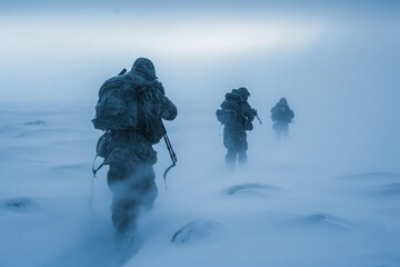 A group of men are walking across a snow covered field, making their way through the winter...