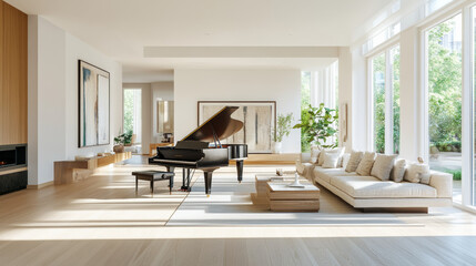 A bright living room with plain white walls and light-colored wooden flooring. A grand piano sits in the middle of the room, and a big window lets in lots of natural light.