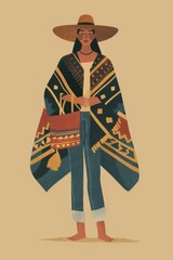 Minimalism illustration, a Caucasian woman, wearing a boho poncho with a pair of high-waisted jeans, a wide-brimmed hat, and a vintage handbag, standing with her hands clasped in front, boho