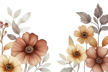 Soft boho flowers framing background with copy space. Invitation, greeting card. Year 2025 colour, Mocha Mouse