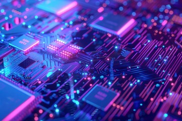 Obraz premium Cybersecurity and information technology. Blue, purple background with digital integrated network technology. Printed circuit board. Technology background. 3D illustration, with generative ai