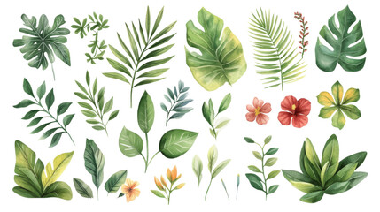 Tropical Paradise Watercolor Set - Vibrant Palm, Banana Leaves, Hibiscus Flowers for Summer Decorations and Botanical Themes