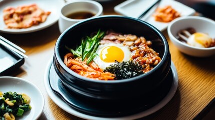 A delicious Korean bibimbap dish served in a hot stone bowl, topped with a sunny-side-up egg, vegetables, and various sides, presenting a traditional meal.