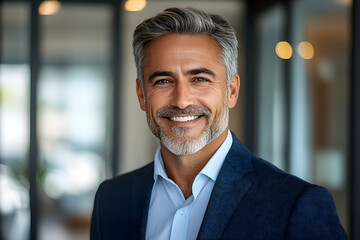 Fototapeta premium Handsome businessman in his 50s, sitting in a modern office, wearing a business suit and smiling in the camera