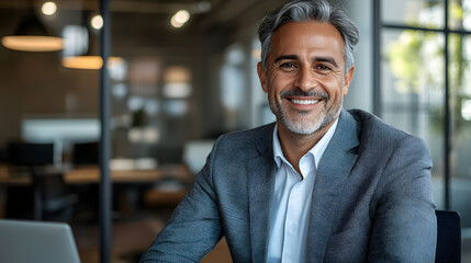 Fototapeta premium Handsome businessman in his 50s, sitting in a modern office, wearing a business suit and smiling in the camera