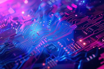 Fototapeta premium Cybersecurity and information technology. Blue, purple background with digital integrated network technology. Printed circuit board. Technology background. 3D illustration, with generative ai