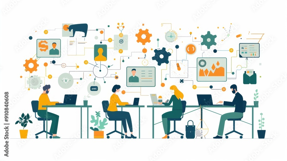 Poster cartoon vector outsourcing concept with different departments and tasks linked to external agencies