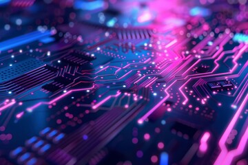 Obraz premium Cybersecurity and information technology. Blue, purple background with digital integrated network technology. Printed circuit board. Technology background. 3D illustration, with generative ai