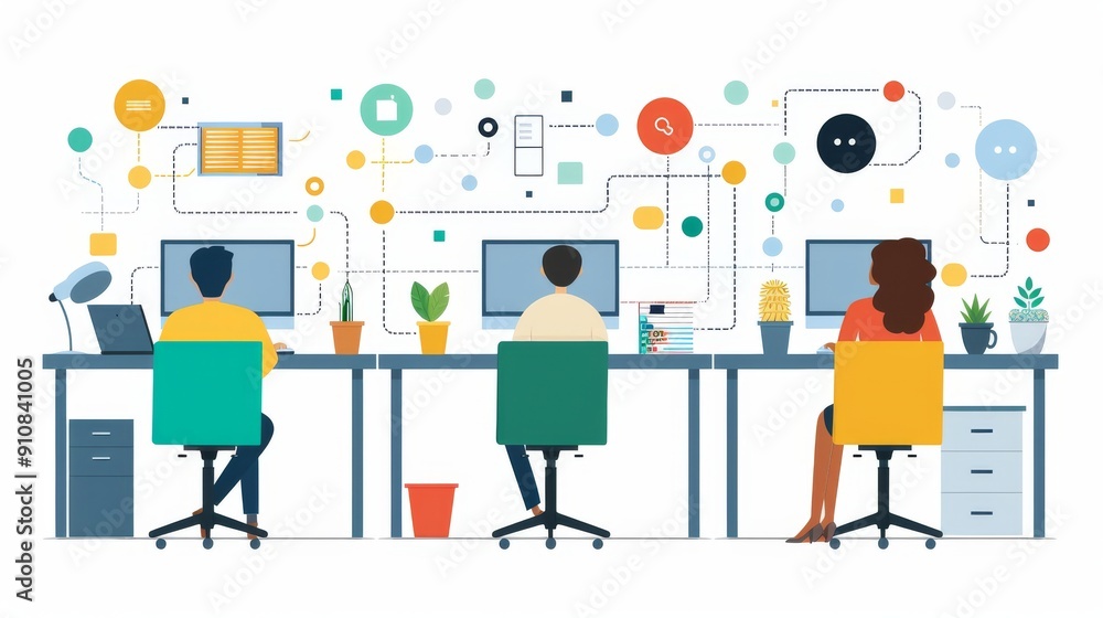 Poster cartoon vector outsourcing concept with different departments and tasks linked to external agencies
