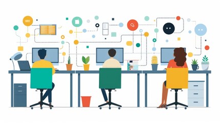 Cartoon vector Outsourcing concept with different departments and tasks linked to external agencies