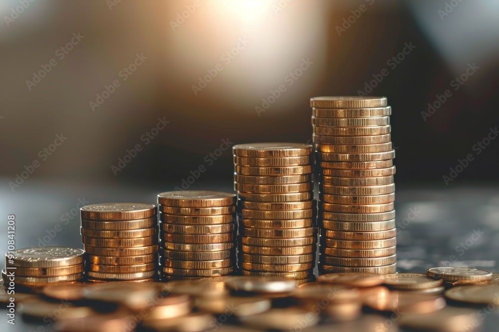 Poster a stack of coins, neatly arranged on a table, creating a visual representation of wealth and financi