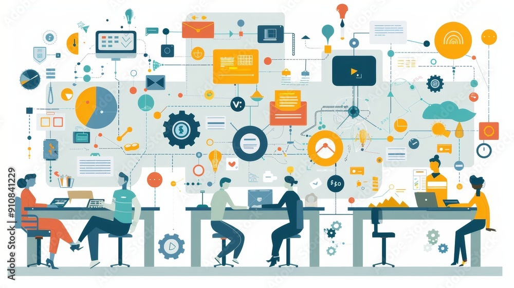 Poster cartoon vector outsourcing concept with different departments and tasks linked to external agencies