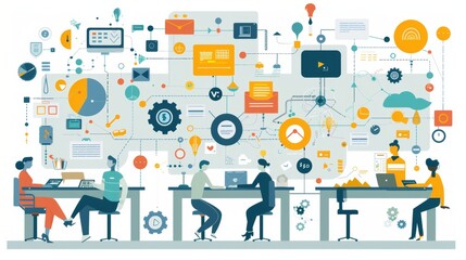 Cartoon vector Outsourcing concept with different departments and tasks linked to external agencies