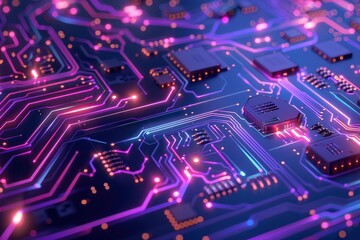 Cybersecurity and information technology. Blue, purple background with digital integrated network technology. Printed circuit board. Technology background. 3D illustration, with generative ai