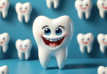 Obraz premium Vibrant Cartoon Tooth with Big Smile Against Blue Backdrop