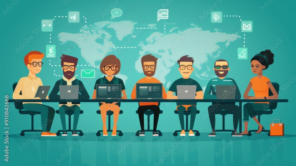 Poster cartoon vector it professionals working on software development projects from different parts of the