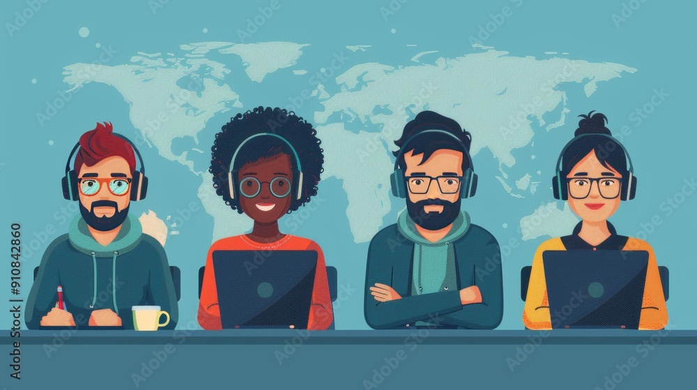 Poster cartoon vector it professionals working on software development projects from different parts of the