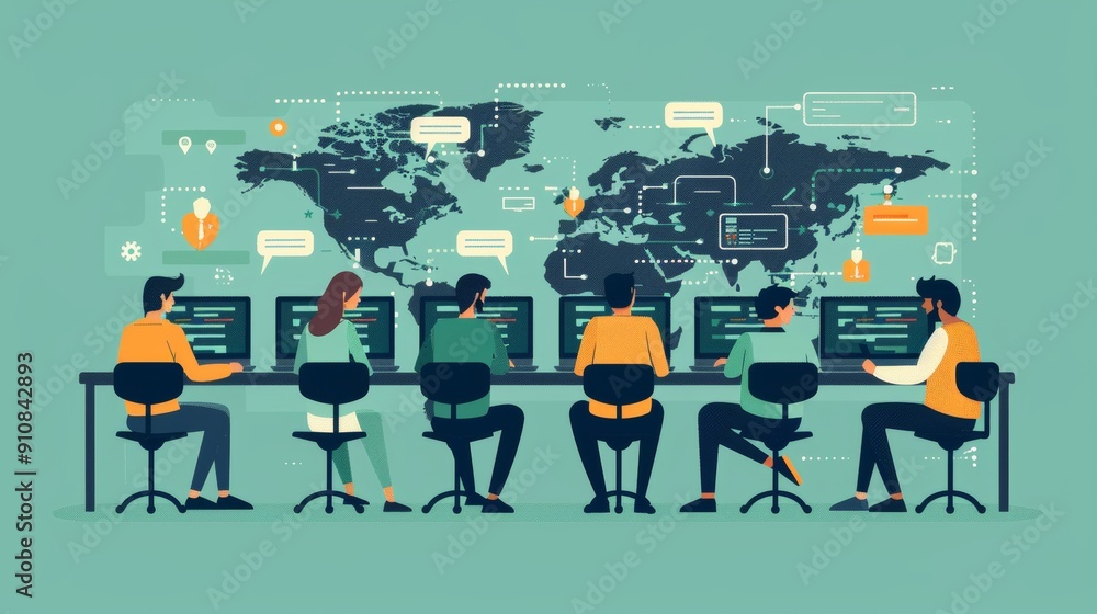 Poster cartoon vector it professionals working on software development projects from different parts of the