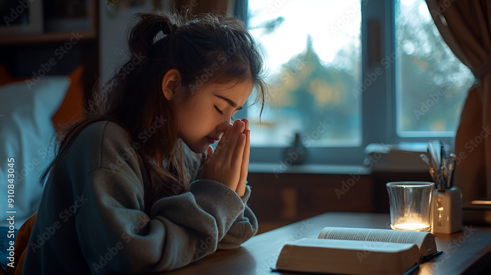 Wall mural Young Hispanic Teen Girl Praying with Hands on air 