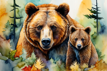 Fototapeta premium Bear and cub in a forest. Watercolor illustration with trees and colorful foliage. Wildlife and nature concept for design and print