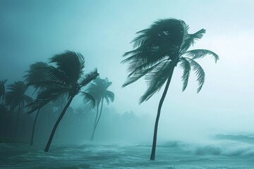 A collection of palm trees, with their leaves swaying in the wind, creating a dynamic and animated scene, Strong winds bending palm trees, AI Generated