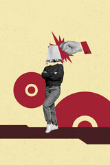 Vertical photo collage of woman instead head metal bucket hand kick abuse insult concept victim...