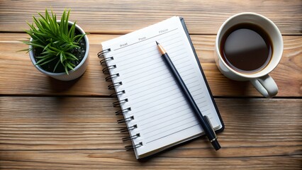 A notebook with resolutions, a coffee cup, and a clean workspace. The design creates a visually striking backdrop for highlighting the importance of combining goal setting with practical planning for 