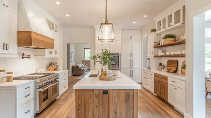 A cozy kitchen with white cabinets and warm wood accents
