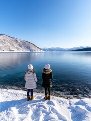 Two people dressed in winter clothing stand on a snowy shore, gazing at a serene lake with snow-covered mountains in the background, evoking peace and contemplation.