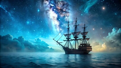 Fototapeta premium Celestial Voyage: A Pirate Ship Navigates the Bioluminescent Sea Under a Starry Sky Generative AI