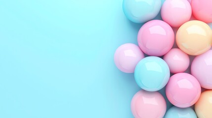 Colorful pastel spheres arranged on a soft blue background, perfect for spring or festive themes.